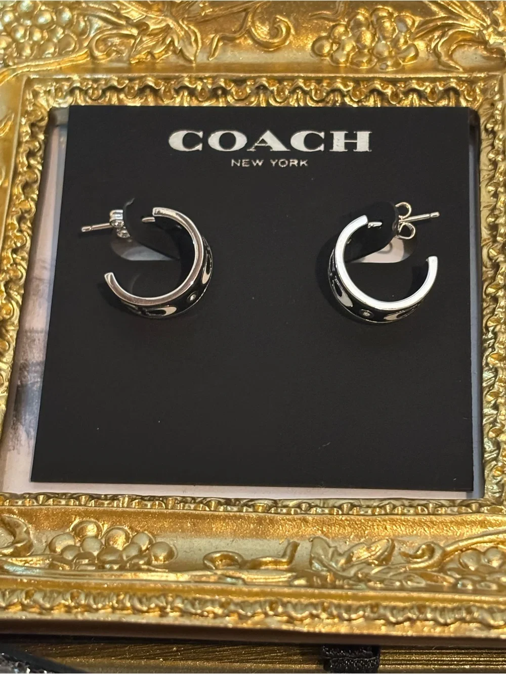 🖤 Poshmark Title  Coach Black Enamel Crystal Signature C Silver Tone Hoop Earrin